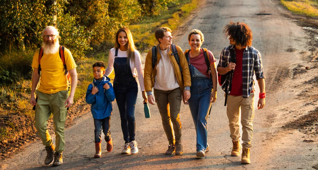multiethnic group of friends on a walk